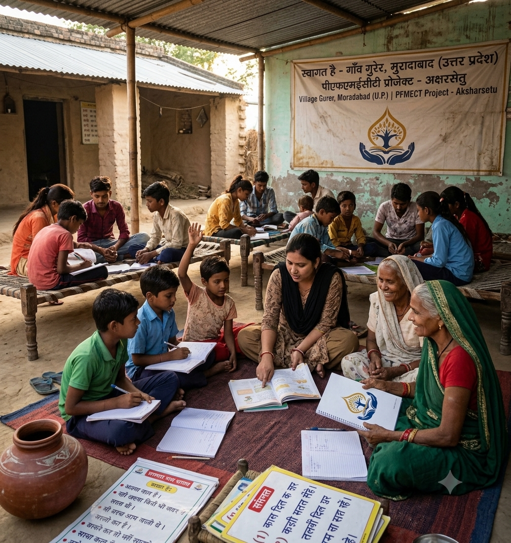 Candid learning session in Village Gurer with a community mentor and young scholars