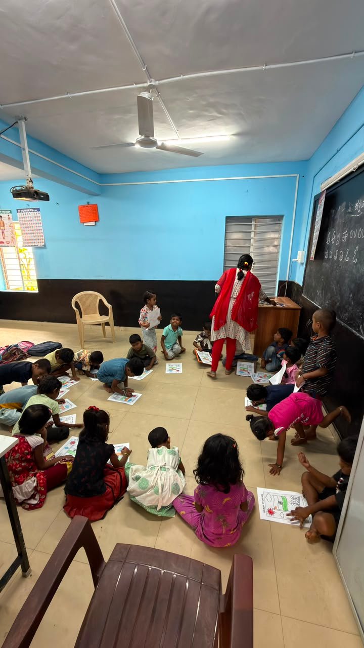 Students participating in the artwork activity at Government Primary School, Shanthipura