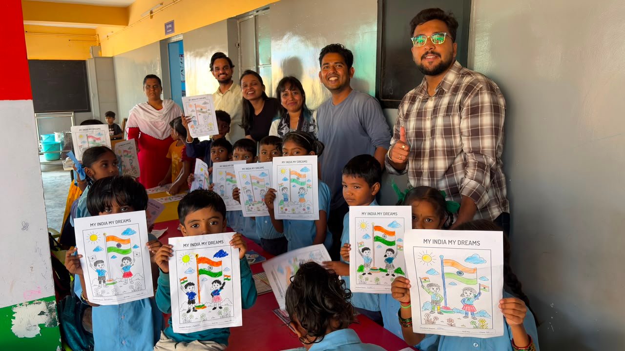 Students participating in artwork activity during Independence Day programme at Shanthipura