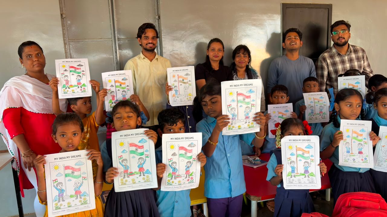 Students participating in artwork activity during Independence Day programme at Shanthipura