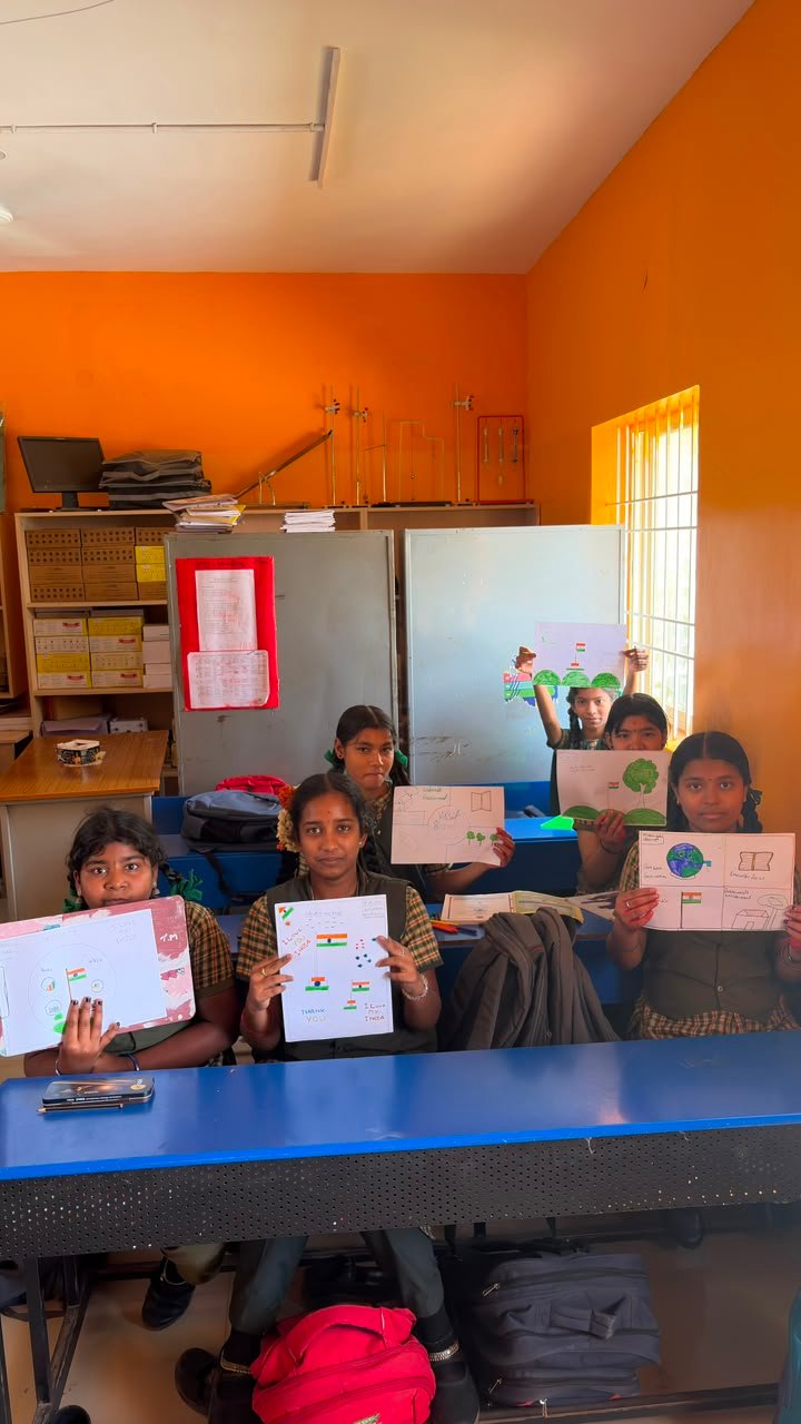 Students participating in artwork activity during Independence Day programme at Shanthipura