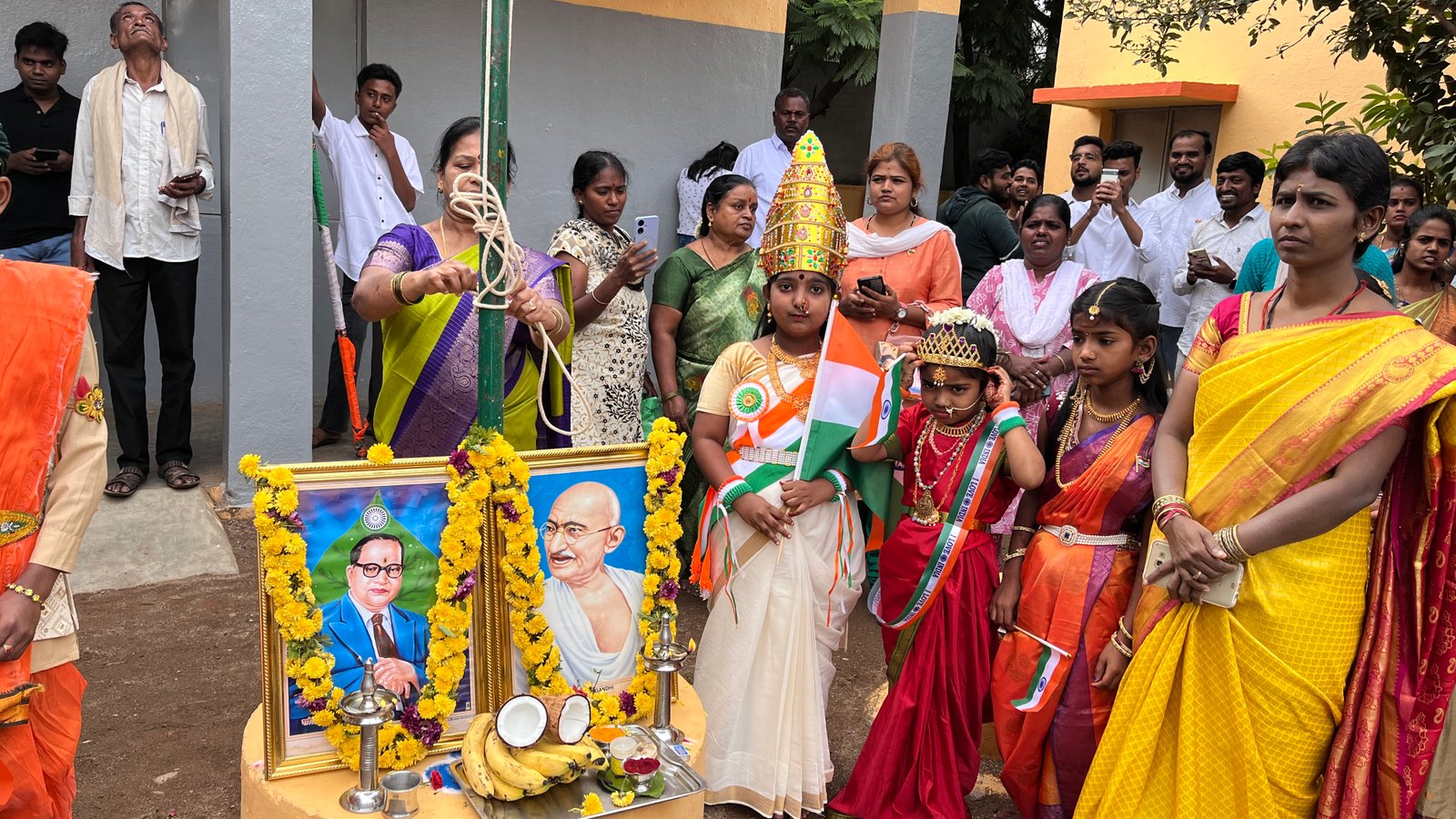 Student in Bharat Mata attire during Independence Day celebration