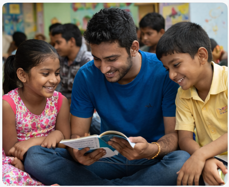 Volunteers collaborating with children
